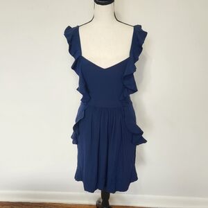 Jennifer Hope Silk Mini Dress in Navy Blue Ruffles Pockets Flutter Shoulder S